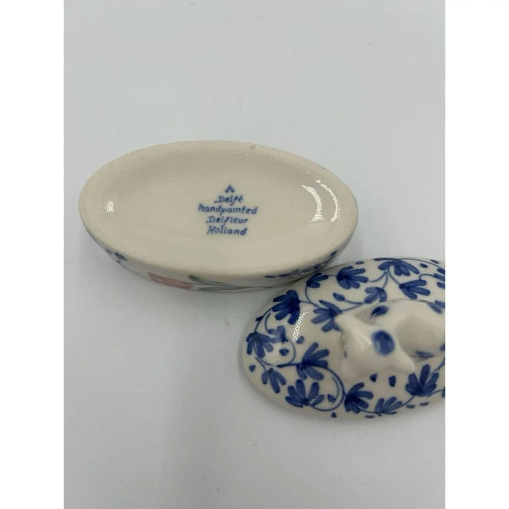 Vintage Delfts Holland Hand painted Floral Oval Trinket Box cow
